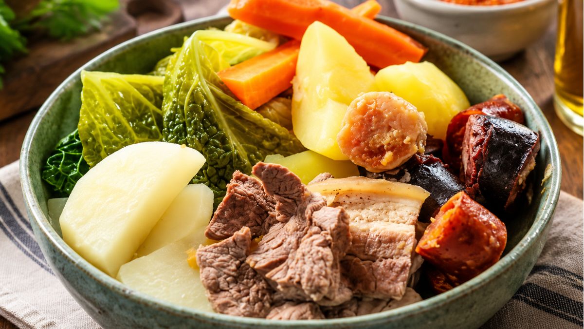 Prato fundo cerâmico servido com cozido à portuguesa tradicional contendo pedaços de carne de vaca, entrecosto de porco, chouriço de carne, morcela, couve-lombarda, batatas cozidas e cenouras em rodelas.