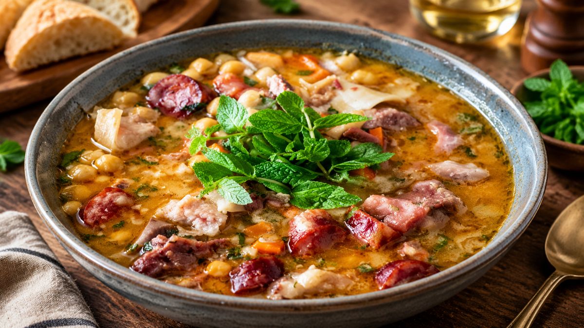 Prato fundo de cozido de grão português com pedaços de carne de borrego, rodelas de chouriço e folhas frescas de hortelã no topo.