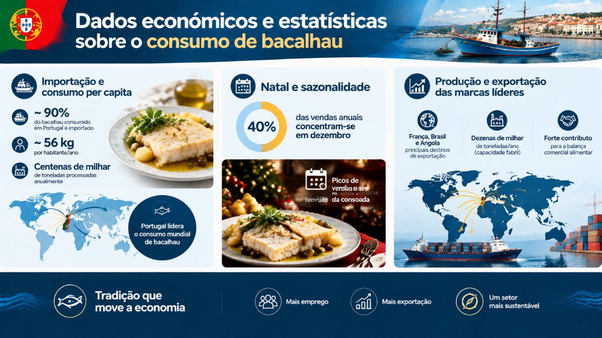 Infográfico com dados económicos e estatísticas sobre o consumo de bacalhau em Portugal, destacando noventa por cento de importação, consumo per capita, picos de vendas no Natal e rotas de exportação para França, Brasil e Angola.