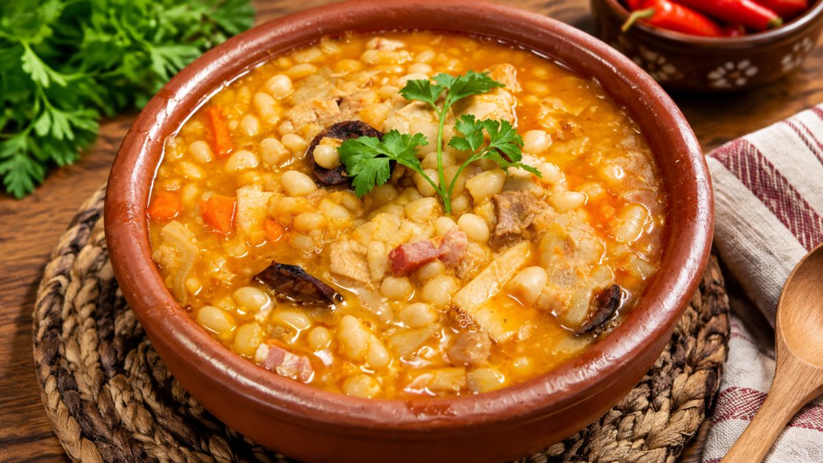 Uma tigela de barro rústica cheia de dobrada tradicional portuguesa, um estufado encorpado de tripas de vitela com feijão-branco, chouriço de carne, bacon, cenouras e um raminho de salsa fresca por cima. A tigela está sobre uma base de palha e uma mesa de madeira, com coentros e piripíris visíveis no fundo.