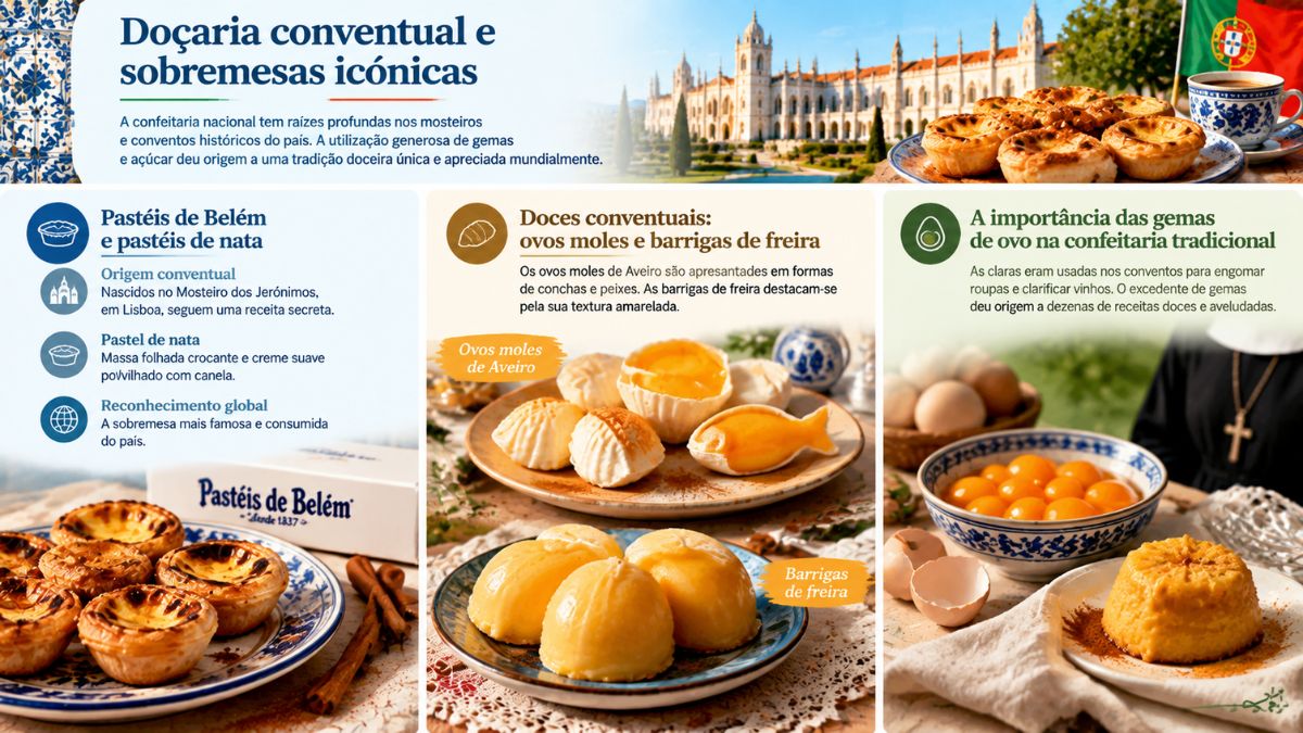 Infográfico sobre a doçaria conventual portuguesa, apresentando pastéis de Belém, pastéis de nata, ovos moles de Aveiro, barrigas de freira e a utilização tradicional de gemas de ovo.
