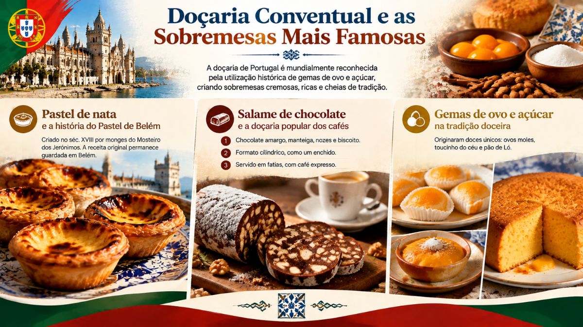Infográfico sobre doçaria conventual e sobremesas de Portugal, exibindo pastéis de nata, salame de chocolate fatiado com café expresso, ovos moles, toucinho do céu e pão de Ló.