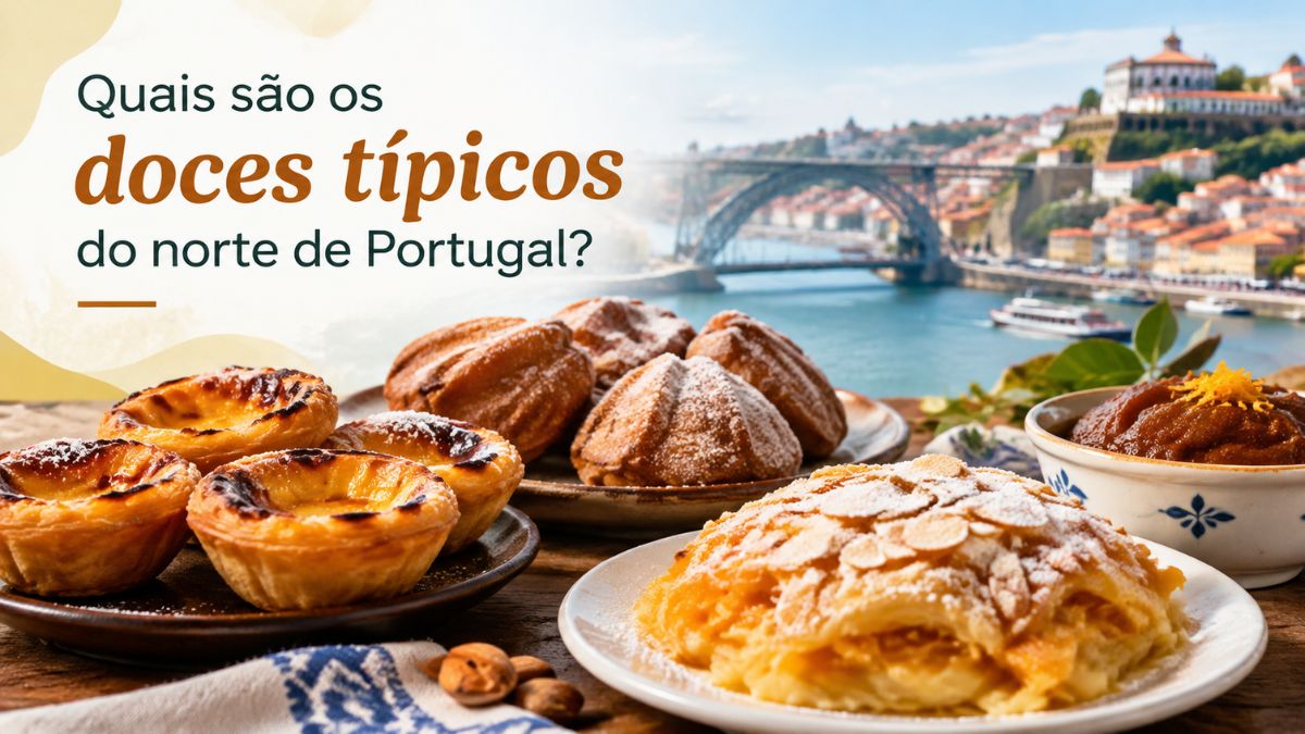 Seleção de doces típicos do norte de Portugal com pastéis de nata, folhados polvilhados com açúcar e sobremesas conventuais com a Ponte Luís I no Porto ao fundo.