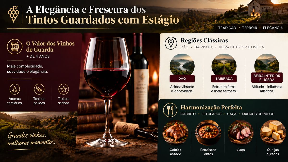 Infográfico sobre a elegância dos vinhos tintos de guarda com mais de quatro anos, regiões clássicas e harmonizações gastronómicas.