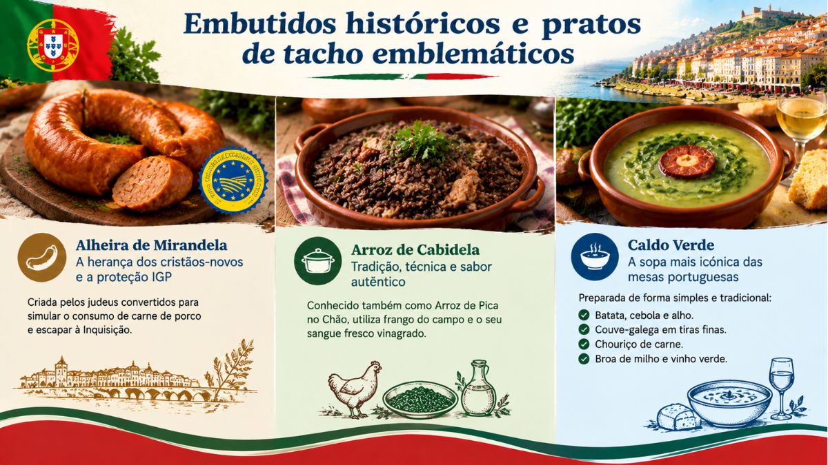 Infográfico sobre embutidos históricos e pratos de tacho tradicionais de Portugal apresentando a Alheira de Mirandela, o Arroz de Cabidela e o Caldo Verde.