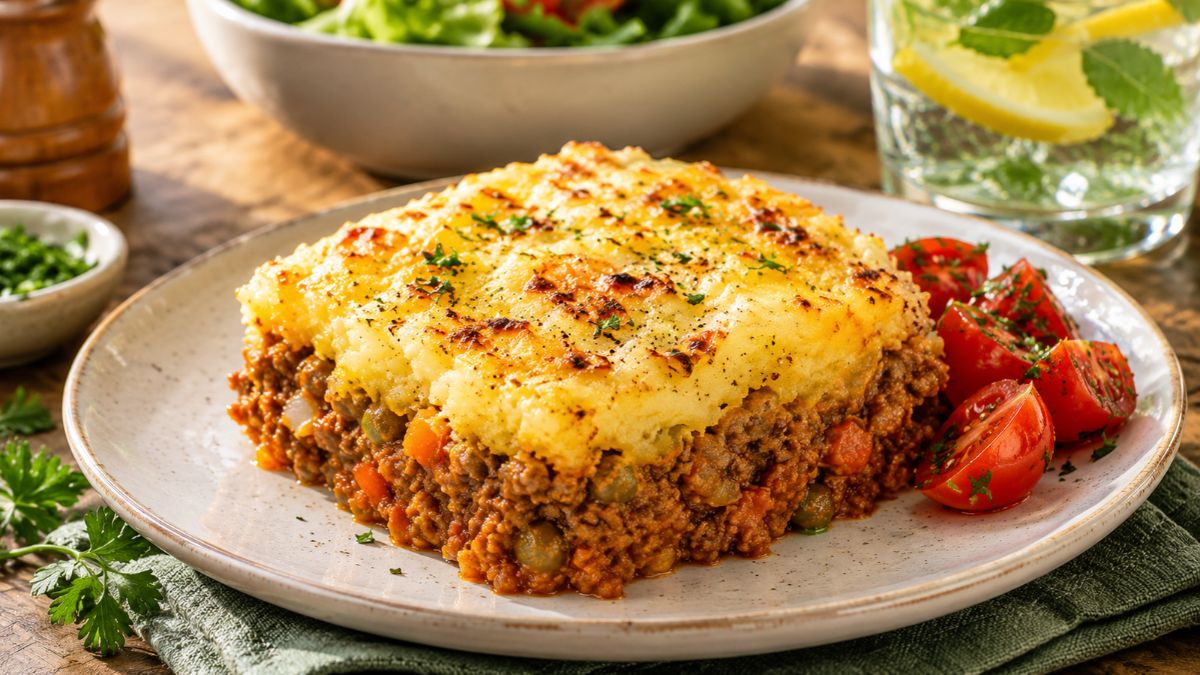 Um prato rústico com empadão de carne moída suculento e vegetais, coberto por um puré de batata dourado e gratinado no forno, servido com guarnição de tomates cereja e salsa fresca ao lado de uma salada verde e copo de água aromatizada.