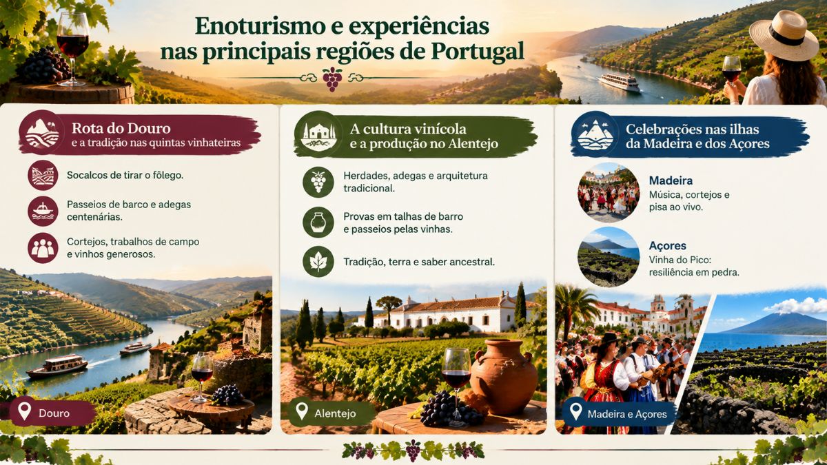 Infográfico ilustrativo sobre enoturismo e experiências nas principais regiões vinícolas de Portugal. O visual destaca as rotas do Douro, o cultivo vinícola no Alentejo e as celebrações tradicionais nas ilhas da Madeira e dos Açores.