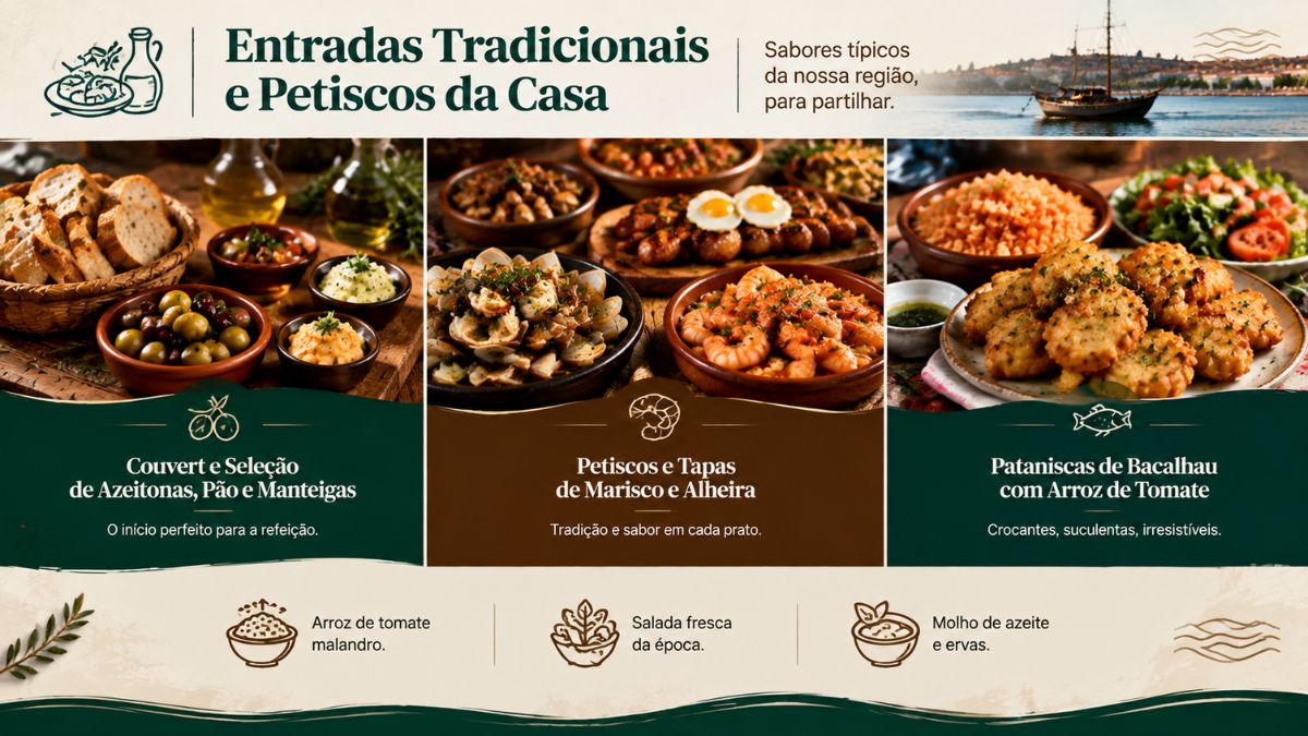Infográfico com entradas tradicionais do restaurante O Cangalho incluindo couvert, tapas de marisco, alheira e pataniscas de bacalhau em Vila do Conde.