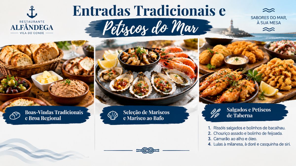 Menu de entradas do restaurante Alfândega em Vila do Conde com broa regional, ostras, mariscos ao bafo e salgados tradicionais.