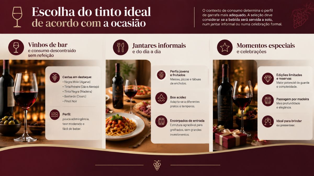 Infográfico explicativo sobre a escolha do tinto ideal de acordo com a ocasião dividindo vinhos de bar, jantares informais e momentos especiais.