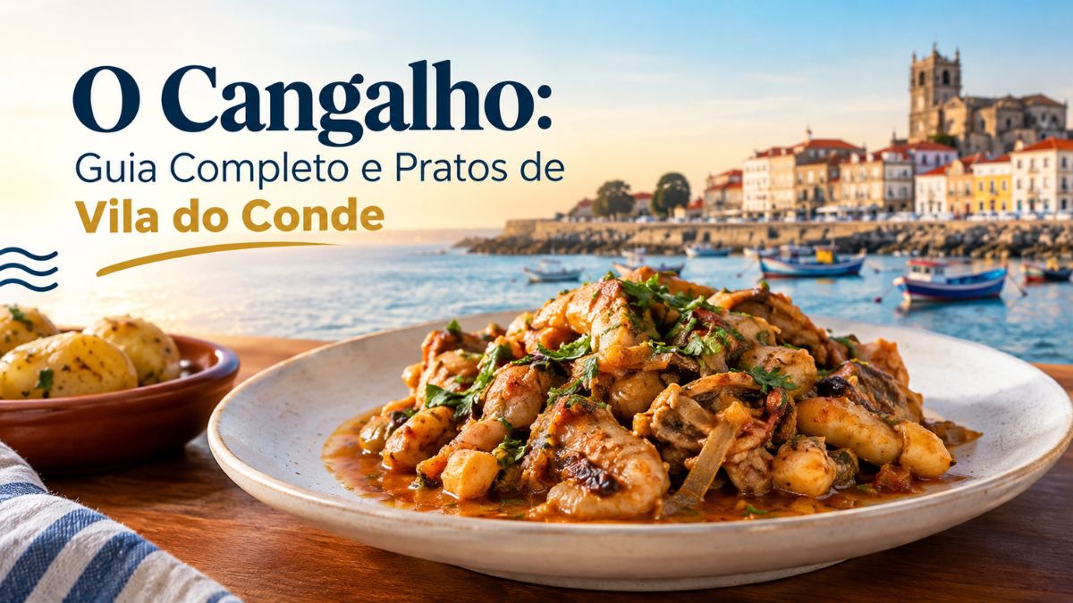 Prato de bacalhau com molho de cebolada e marisco acompanhado de batatas numa mesa com vista ribeirinha para Vila do Conde.
