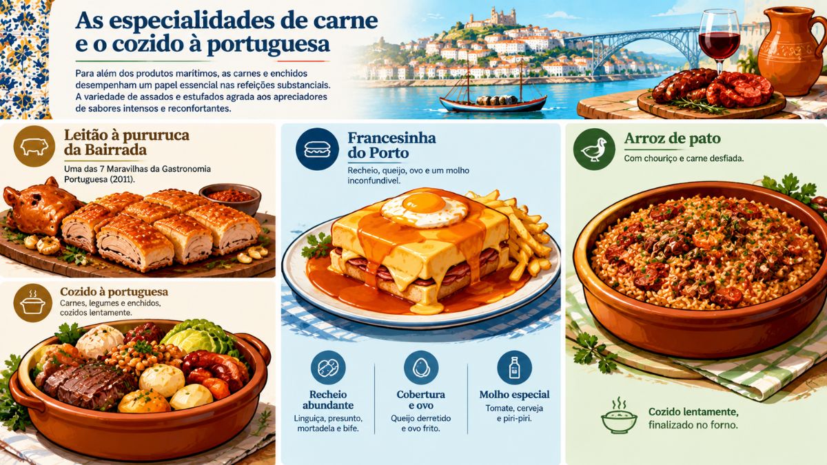 Infográfico sobre especialidades de carne em Portugal, apresentando leitão à pururuca da Bairrada, cozido à portuguesa, francesinha do Porto com batatas fritas e arroz de pato com chouriço.