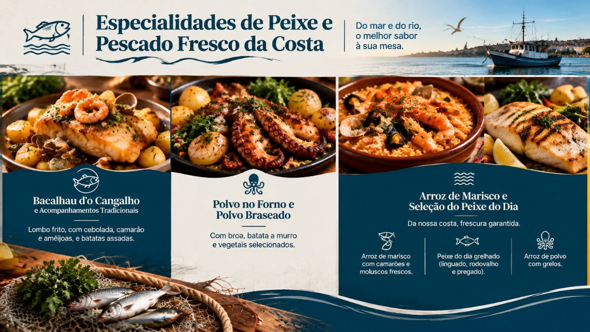 Infográfico com pratos de peixe fresco do restaurante O Cangalho incluindo bacalhau, polvo no forno e arroz de marisco em Vila do Conde.