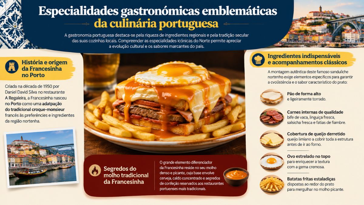 Infográfico sobre especialidades gastronómicas emblemáticas da culinária portuguesa com destaque central para a Francesinha do Porto rodeada por batatas fritas e detalhes sobre história, molho e ingredientes indispensáveis.