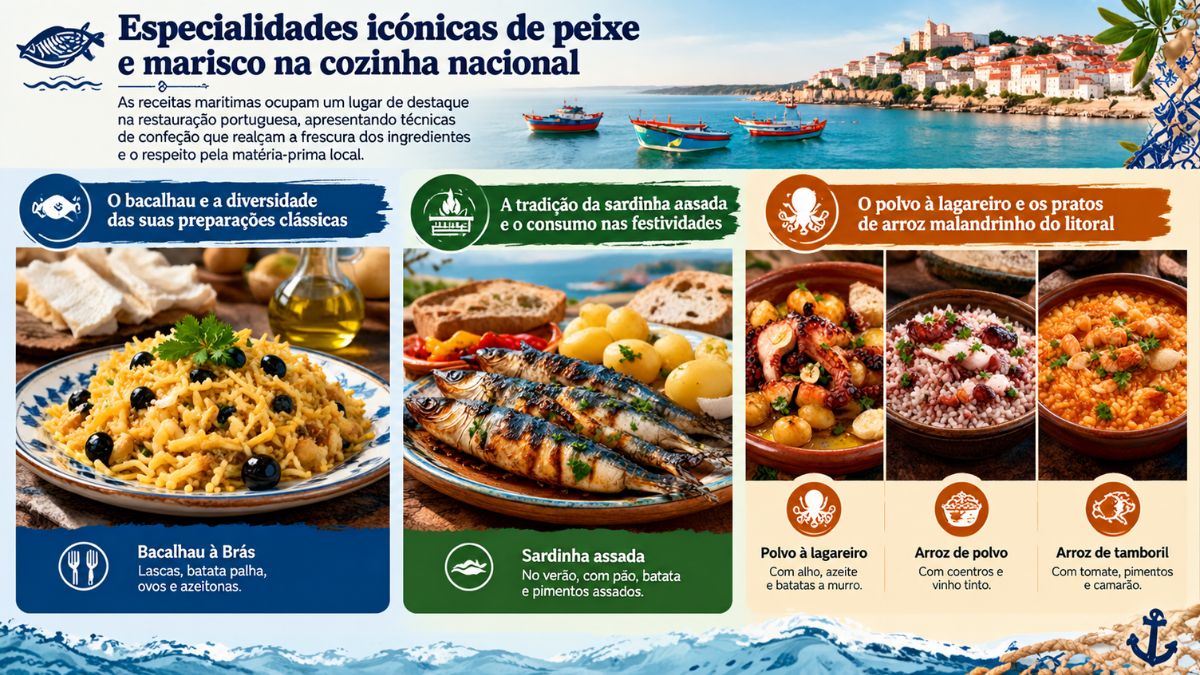 Infográfico sobre pratos de peixe e marisco em Portugal com bacalhau à Brás, sardinha assada, polvo à lagareiro, arroz de polvo e arroz de tamboril.