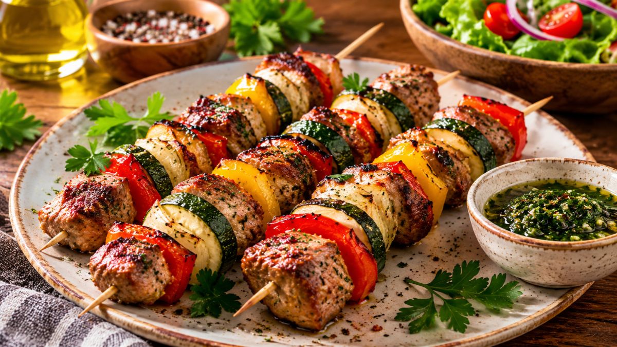 Prato com espetadas de carne de vaca grelhada intercalada com legumes coloridos e molho verde aromático numa mesa de madeira.