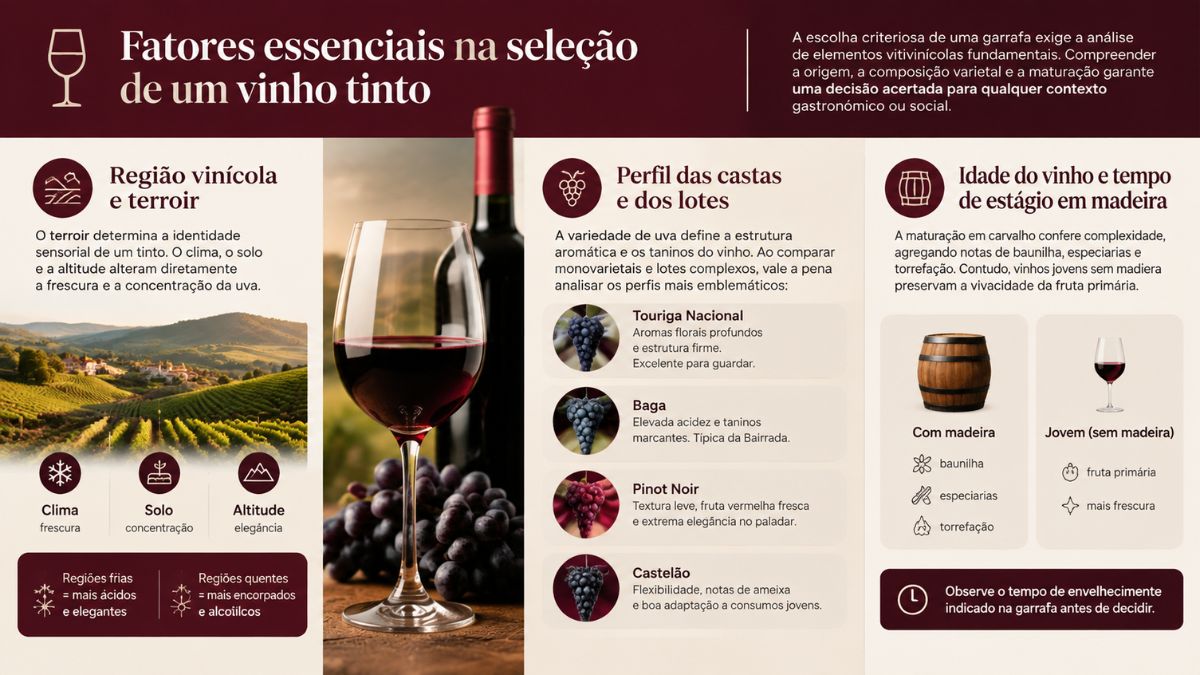 Infográfico explicativo sobre como escolher vinho tinto detalhando a influência da região vinícola, terroir, perfil das castas e estágio em madeira.