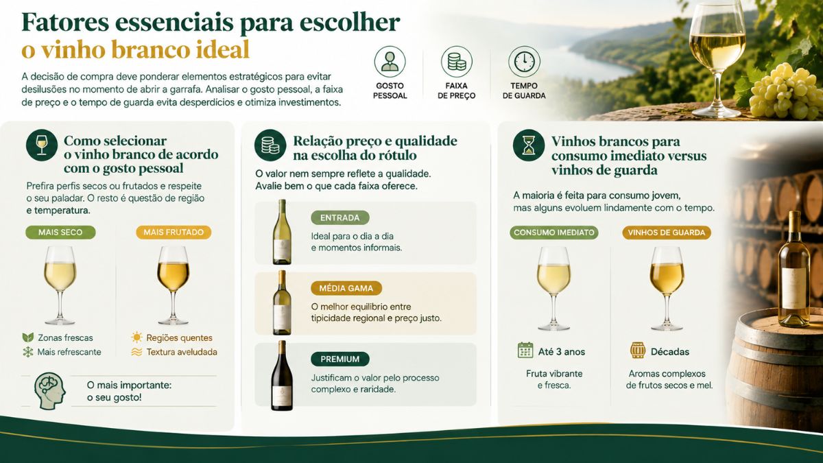 Um infográfico didático em Português-PT com o título fatores essenciais para escolher o vinho branco ideal detalha um guia prático dividido em três categorias principais, gosto pessoal, relação preço e qualidade, e tempo de guarda. Inclui exemplos e ícones claros para vinhos secos ou frutados de zonas frescas ou quentes, garrafas de entrada, média gama e premium para diferentes ocasiões, e comparação entre consumo imediato e vinhos de guarda que evoluem durante décadas com aromas complexos.