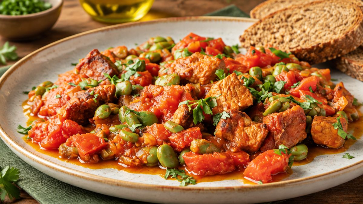 Prato rústico com favas verdes e cubos de lombo de porco em molho de tomate aromático, polvilhado com coentros frescos e acompanhado de fatias de pão de cereais numa mesa de madeira.
