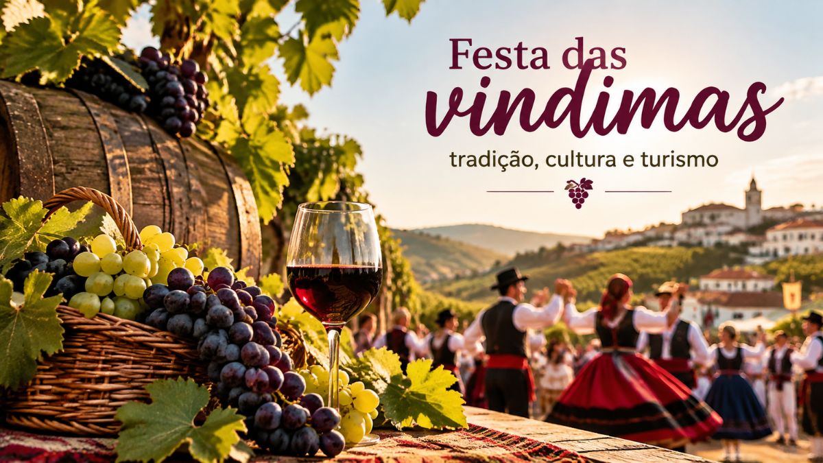 Festa das vindimas em Portugal com cesto de uvas e vinho em primeiro plano. Ao fundo, rancho folclórico dança em traje tradicional numa aldeia com vinhedos no Douro ao pôr do sol. Inclui o texto Festa das vindimas tradição cultura e turismo.