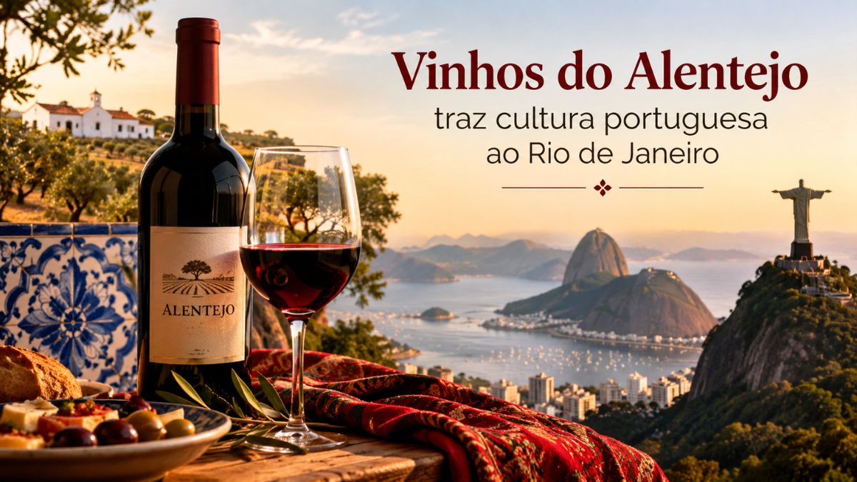Garrafa de vinho do Alentejo e taça de vinho tinto sobre mesa com petiscos, azulejos portugueses e vista panorâmica para o Pão de Açúcar no Rio de Janeiro.