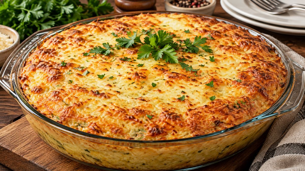 Fofo de bacalhau com coentros servido num pyrex de vidro com crosta dourada e gratinada, decorado com folhas de coentros frescos sobre uma mesa de madeira.
