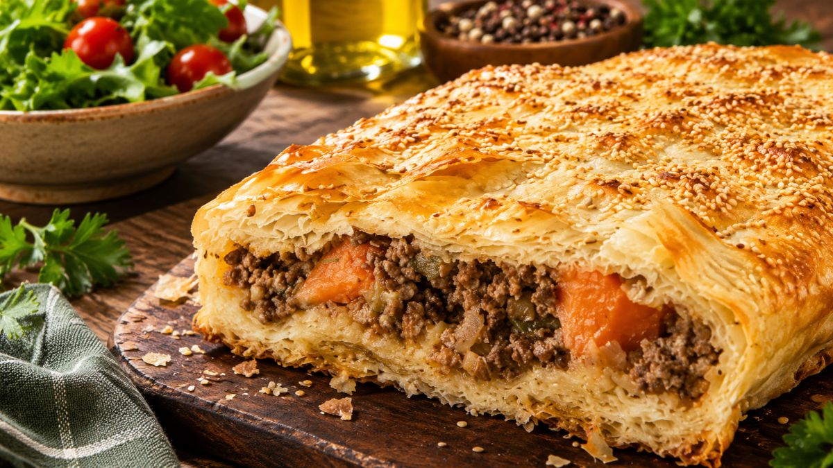 Fatia de folhado de massa folhada dourada e escamosa, recheada com carne moída bem temperada e pedaços visíveis de cenoura cozida, polvilhada com sementes de gergelim tostadas. No fundo desfocado, uma salada fresca de rúcula e tomate cereja com azeite.