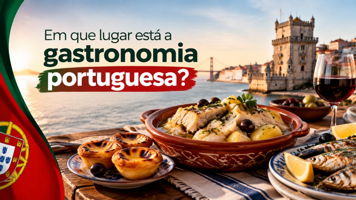 Pratos tradicionais da gastronomia portuguesa com bacalhau, pastéis de nata, sardinhas assadas e vinho, tendo a Torre de Belém ao fundo.
