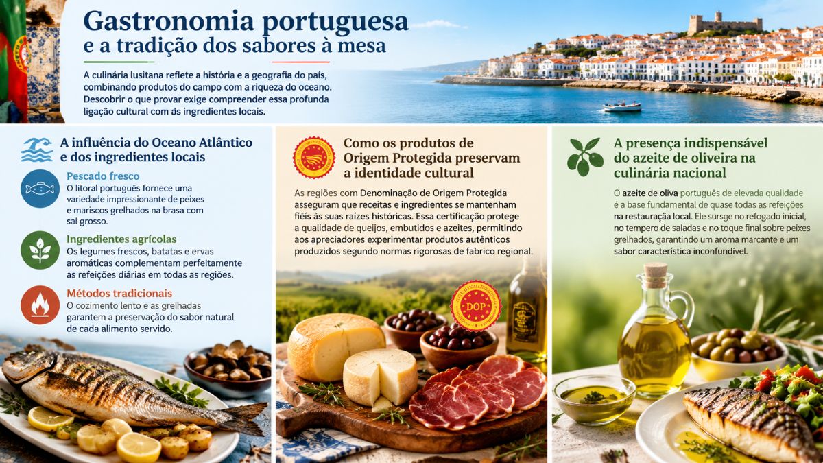 Infográfico sobre a gastronomia portuguesa destacando a influência do Oceano Atlântico com peixes grelhados, produtos de Origem Protegida como queijos e enchidos, e a presença do azeite de oliveira.