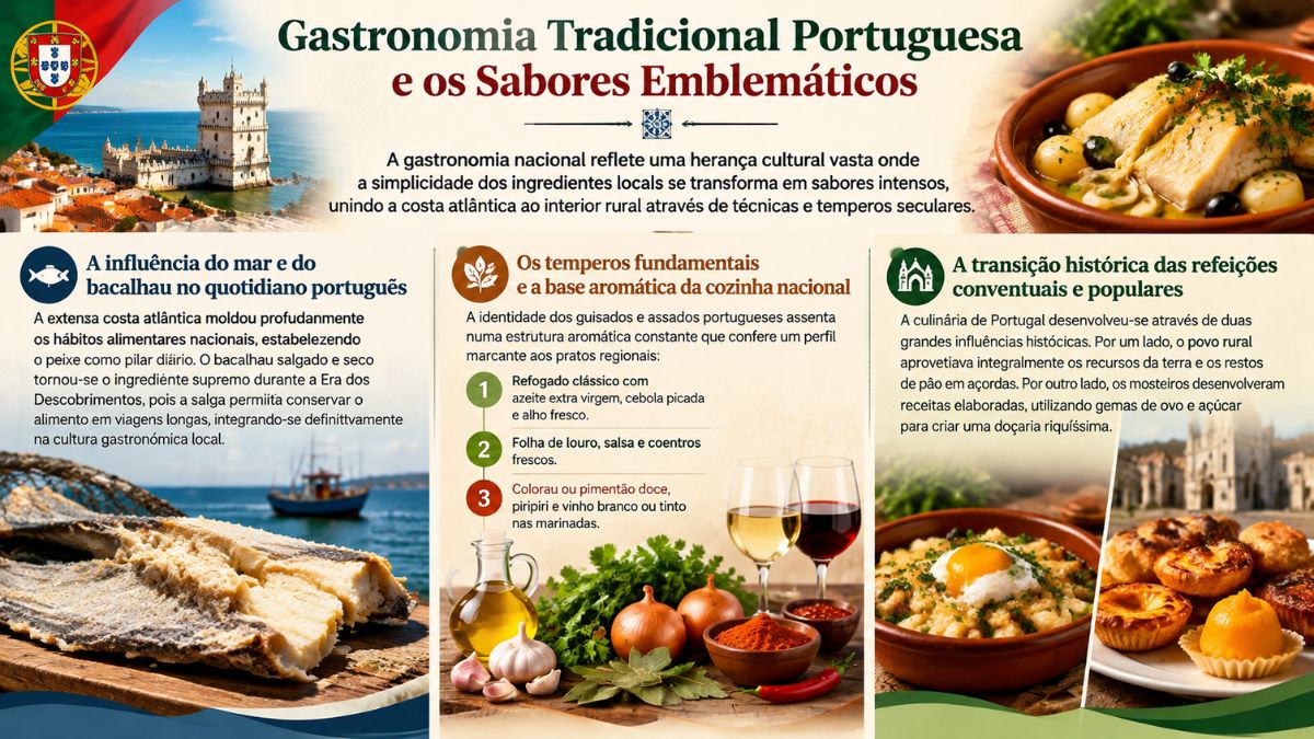 Infográfico sobre a gastronomia tradicional portuguesa com bacalhau salgado, temperos aromáticos, pratos de peixe, açorda com ovo e doçaria conventual sob monumentos históricos de Portugal.