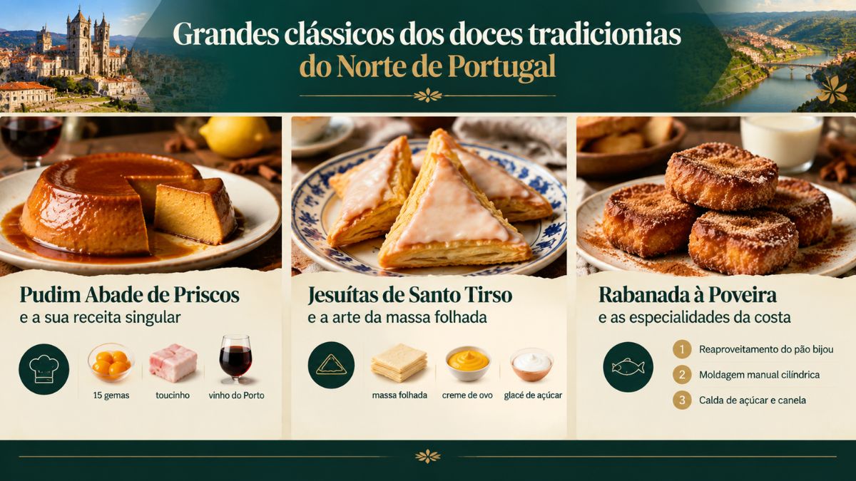 Infográfico sobre grandes clássicos dos doces tradicionais do Norte de Portugal apresentando Pudim Abade de Priscos, Jesuítas de Santo Tirso e Rabanada à Poveira.