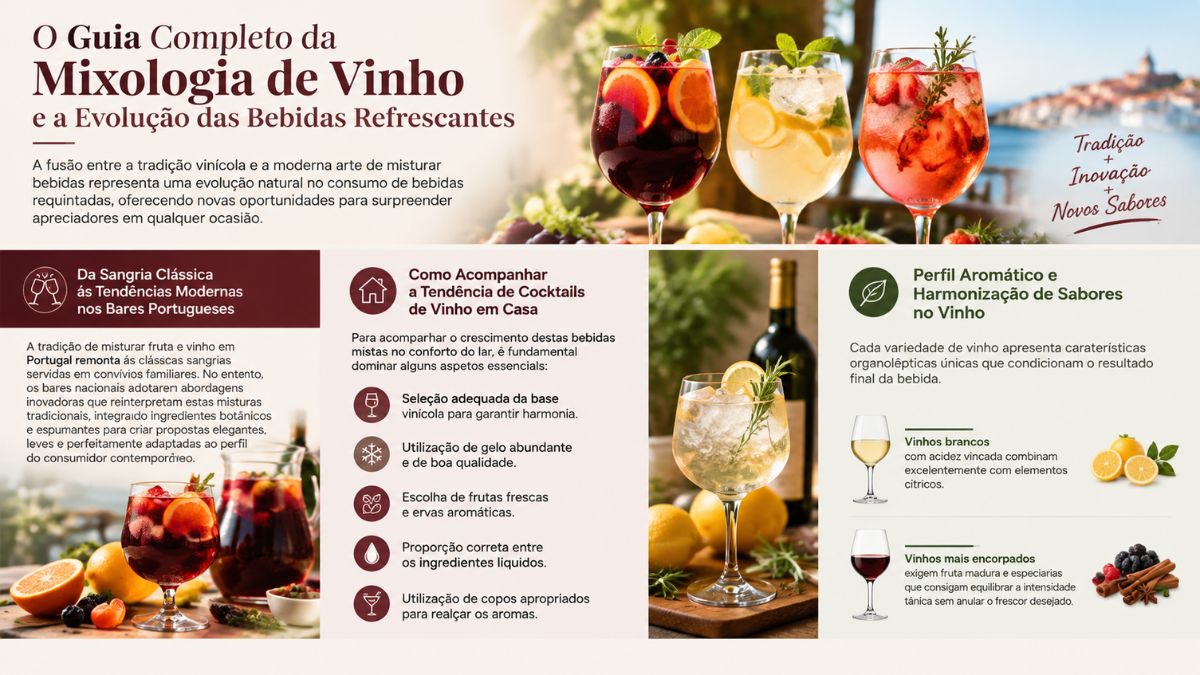Um infográfico profissional detalhado sobre mixologia de vinho, abordando a tradição e inovação de bebidas refrescantes. Apresenta secções como a sangria clássica portuguesa, o preparo de cocktails de vinho em casa com dicas de gelo e fruta, e a harmonização de vinhos brancos e tintos encorpados com diferentes perfis aromáticos e ingredientes como limão e canela. Quatro copos de cocktails coloridos com bagas e citrinos estão dispostos acima de uma paisagem urbana.