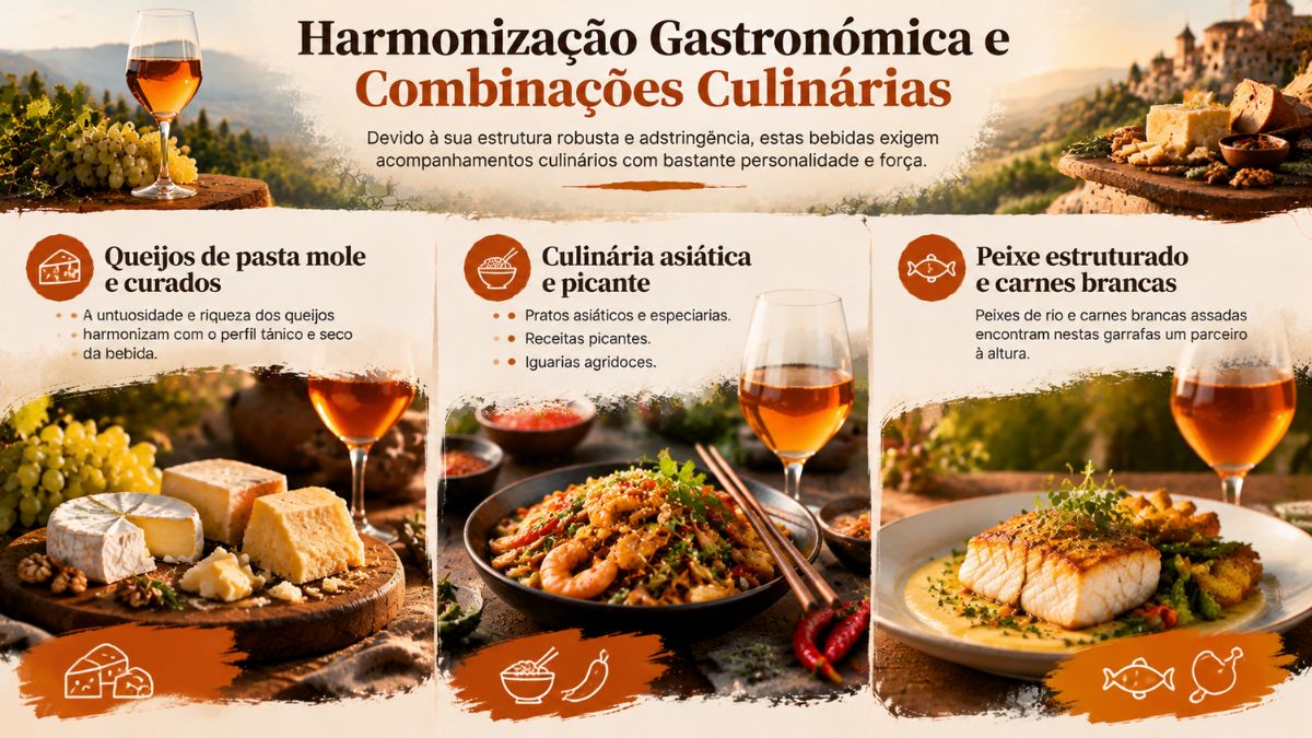 Um infográfico detalhado sobre harmonização gastronómica com vinho laranja, apresentando três seções principais com fotos de pratos e copos de vinho âmbar. À esquerda, uma tábua de queijos de pasta mole e curados com nozes e uvas brancas. Ao centro, um prato de culinária asiática com camarão e pimentas vermelhas ao lado. À direita, um filé de peixe assado com purê e ervas.