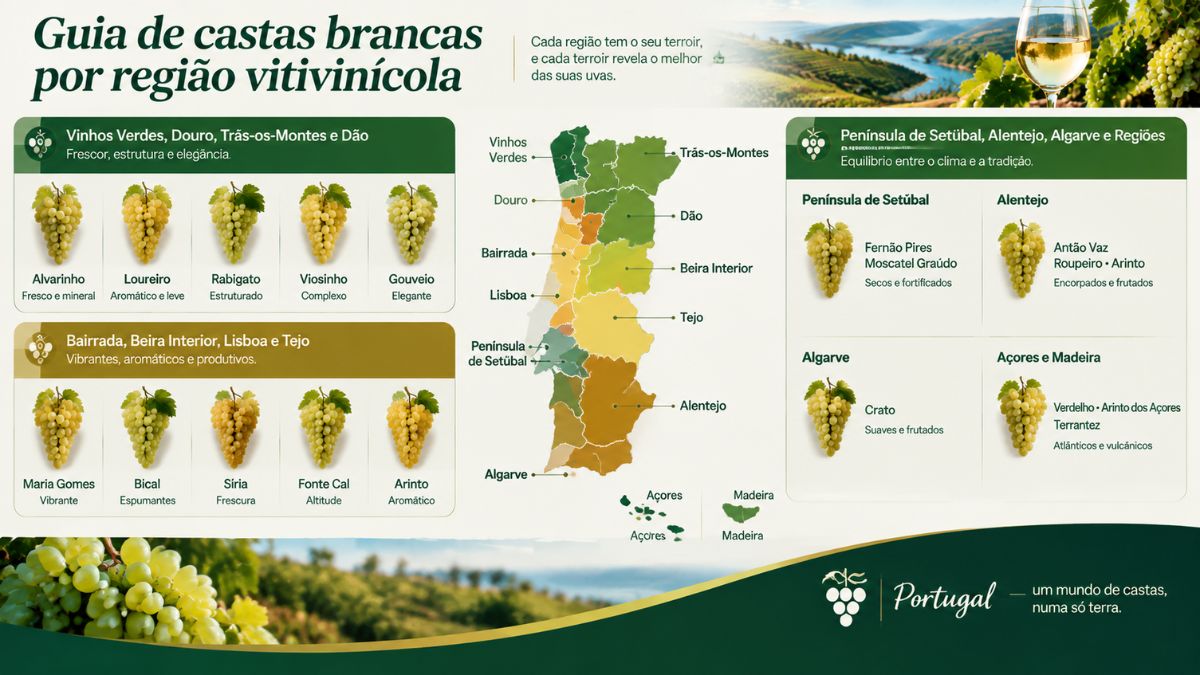 Infográfico com mapa vitivinícola de Portugal e a distribuição geográfica das castas brancas por região.