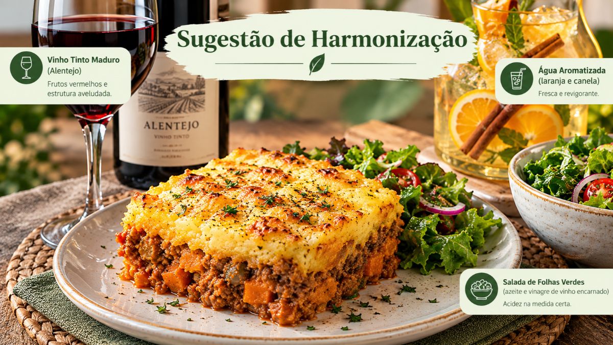 Foto de alta qualidade de uma porção individual de empadão de batata-doce com carne, gratinado e salpicado com ervas. O prato inclui uma salada de folhas verdes e tomates-cereja. Ao fundo, um copo de vinho tinto maduro com uma garrafa 'Alentejo' e uma jarra de água aromatizada com laranja e canela. O texto em destaque na imagem é 'Sugestão de Harmonização'.