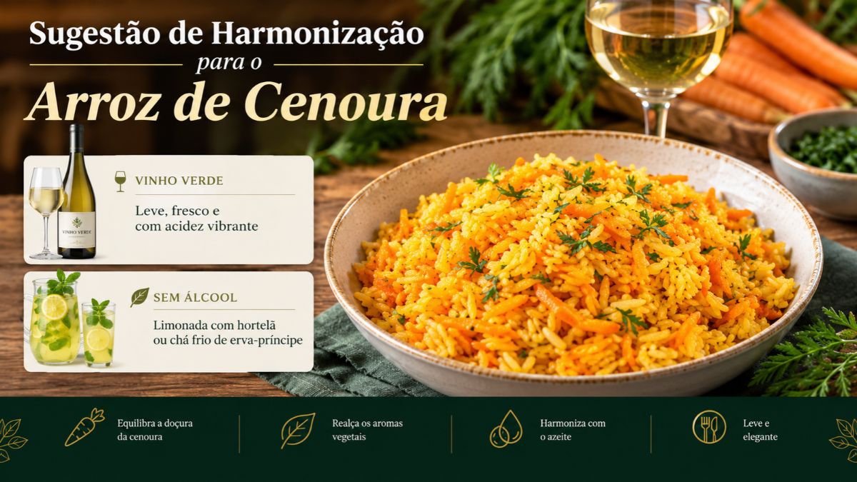 Fotografia profissional de um prato de arroz de cenoura vibrante em uma mesa de madeira. A imagem inclui sugestões de harmonização de bebidas: Vinho Verde e limonada com hortelã. Ícones detalham como as bebidas equilibram a doçura e realçam aromas vegetais.