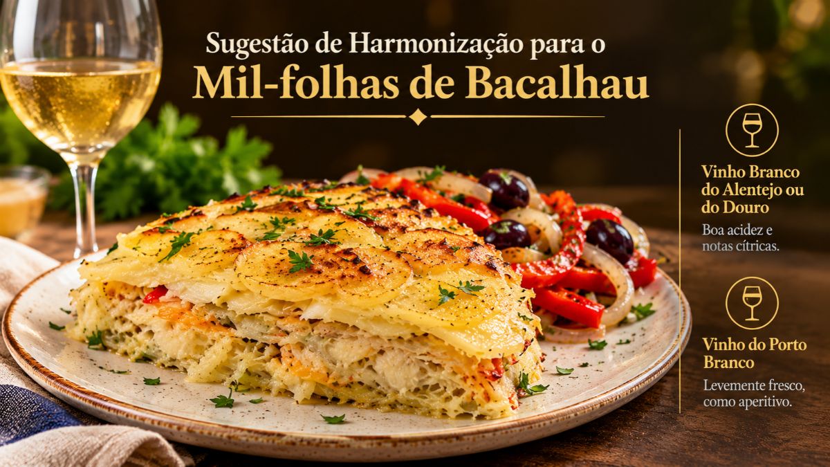 Prato de mil-folhas de bacalhau em camadas com batata dourada acompanhado por salada de pimentos cebola e azeitonas pretas ao lado de copo e sugestões de vinho branco.