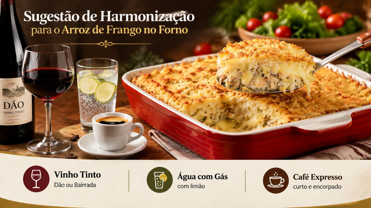 Imagem de uma mesa rústica com uma travessa de cerâmica vermelha contendo arroz de frango gratinado, uma garrafa e taça de vinho tinto Dão, um copo de água com gás com limão e uma xícara de café expresso, com texto sobrepondo sugerindo opções de harmonização.