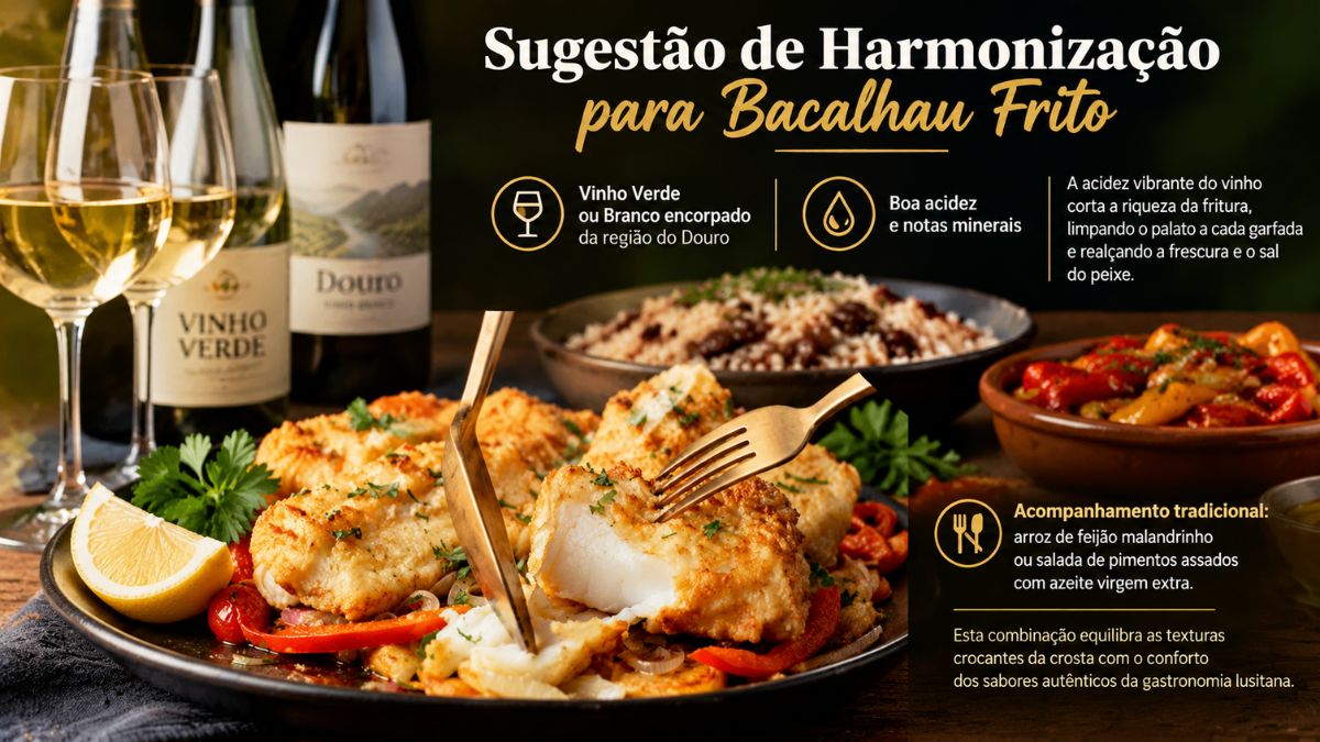 Infográfico com sugestão de harmonização para bacalhau frito mostrando garrafas de Vinho Verde e Vinho do Douro ao lado do prato.