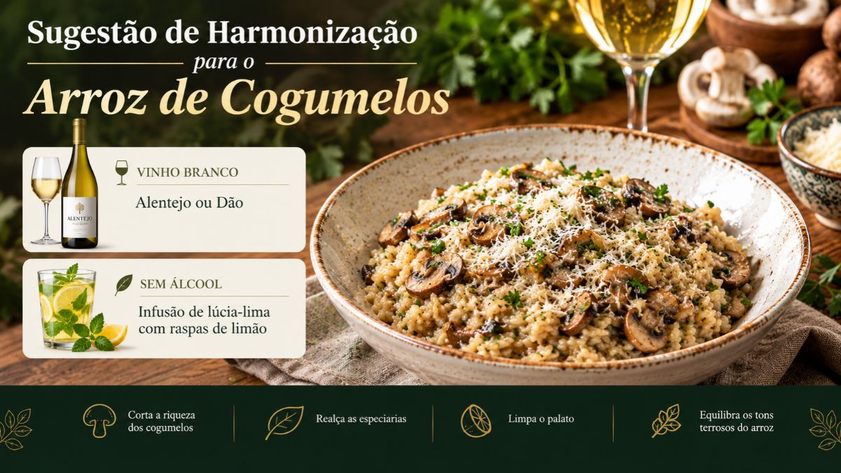 Infográfico com sugestão de harmonização para arroz de cogumelos indicando vinho branco do Alentejo ou Dão e infusão de lúcia-lima com raspas de limão ao lado de uma tigela de arroz cremoso.