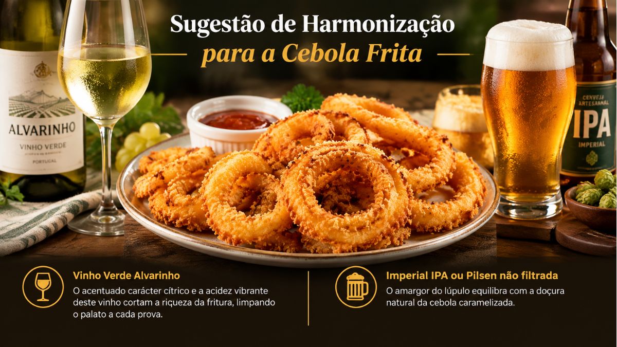 Infográfico com cebola frita no centro acompanhada de vinho verde Alvarinho e cerveja artesanal Imperial IPA em uma mesa de madeira.