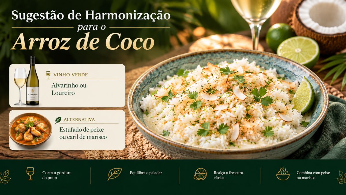 Infografia sobre harmonização para arroz de coco recomendando vinho verde alvarinho ou loureiro e estufado de peixe ou caril de marisco.