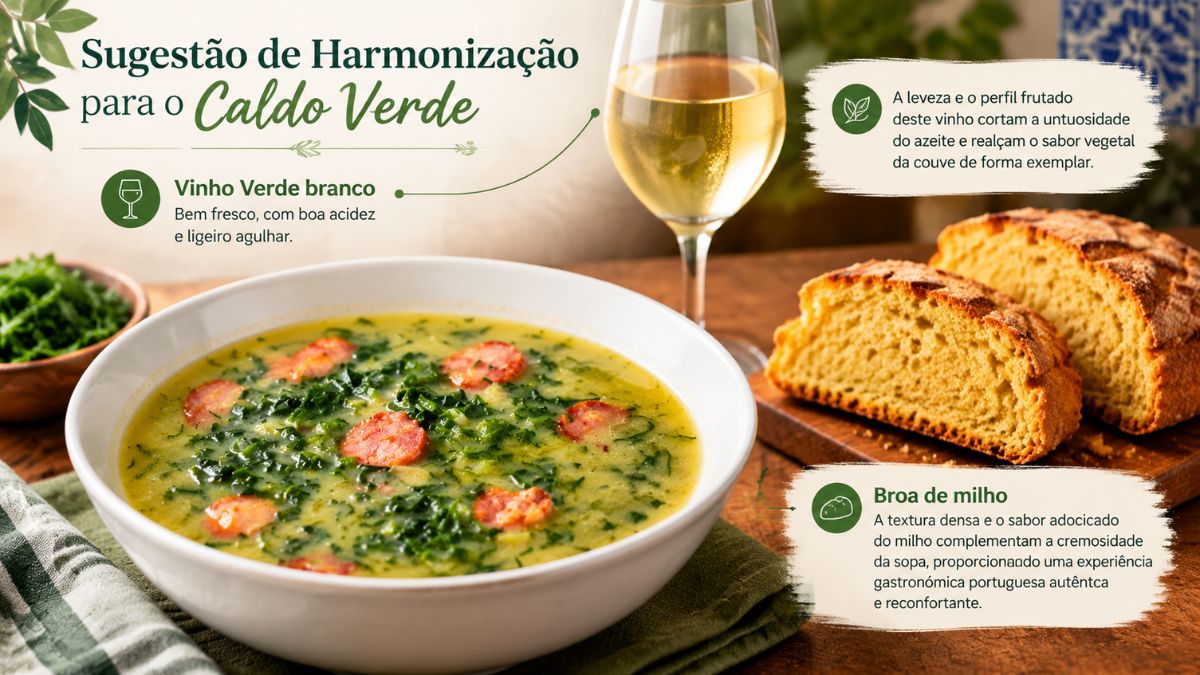 Infográfico de harmonização para caldo verde com copo de vinho verde branco e fatias de broa de milho portuguesa.