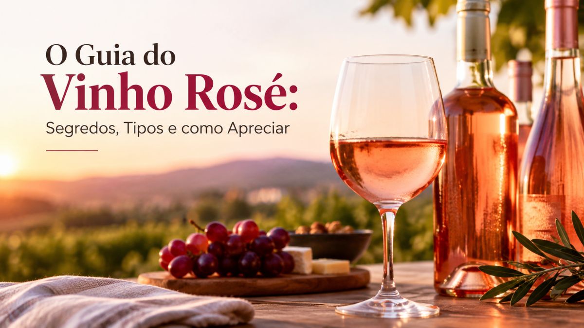 Copo de vinho rosé servido ao lado de garrafas de vidro, uvas tintas e queijos numa mesa de madeira com vinhedos ao pôr do sol ao fundo.