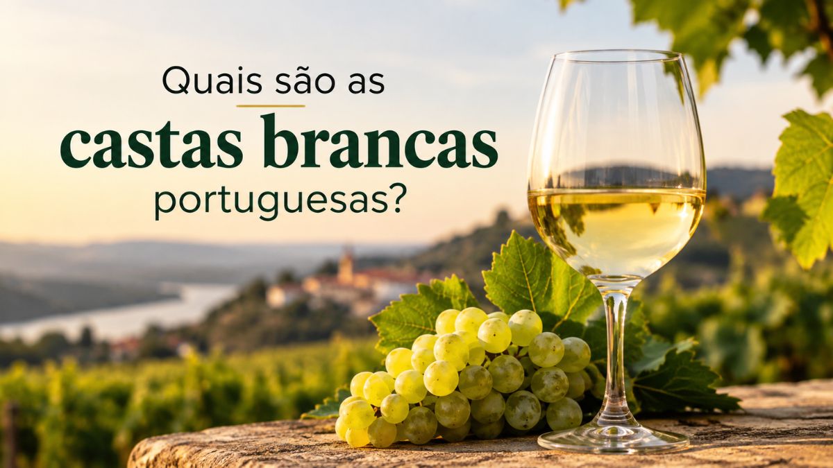 Cacho de uvas brancas e taça de vinho branco em destaque diante de uma paisagem de vinhedos em Portugal.