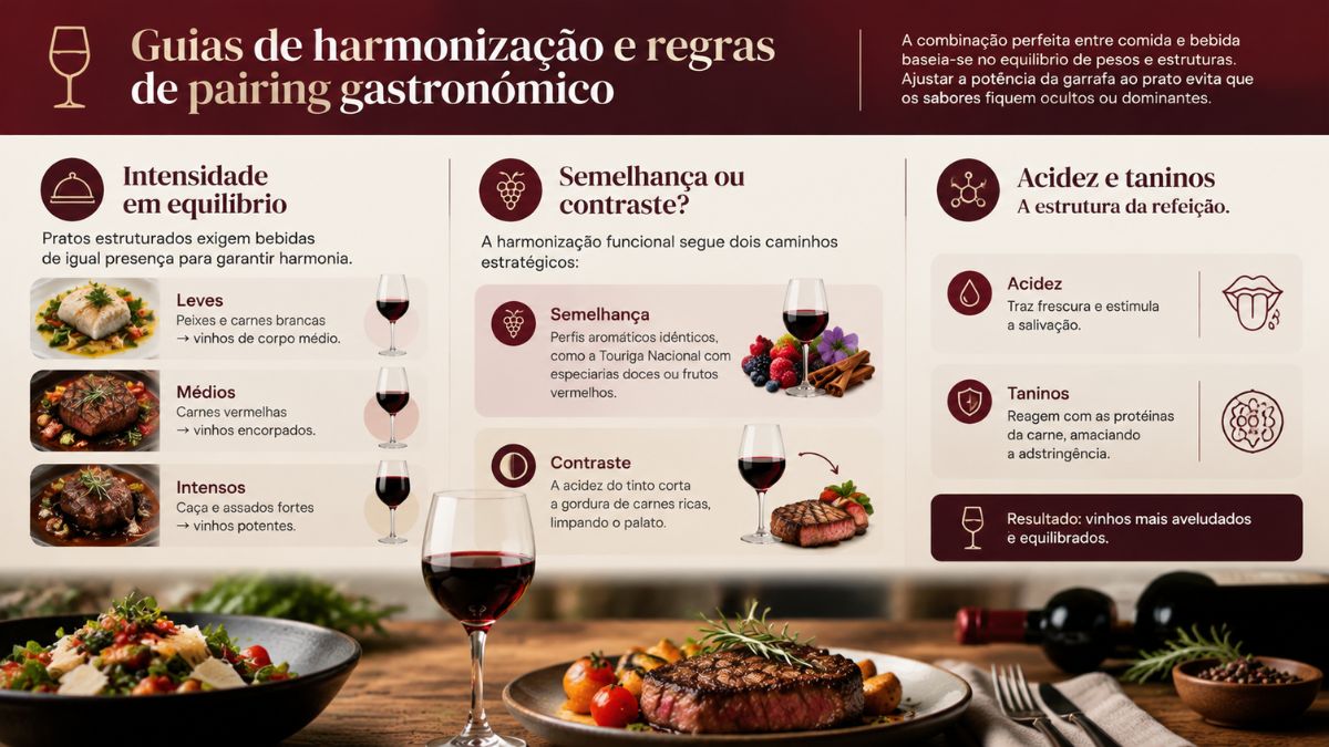 Infográfico explicativo sobre guias de harmonização e regras de pairing gastronómico combinando vinho tinto com pratos por intensidade, semelhança e contraste.