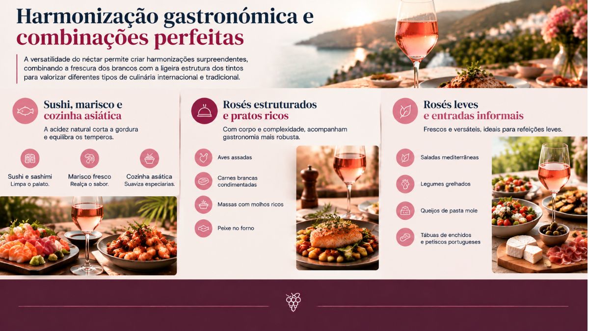 Infográfico sobre harmonização gastronómica de vinho rosé mostrando combinações com sushi, marisco, cozinha asiática, pratos assados ricos e saladas mediterrâneas.