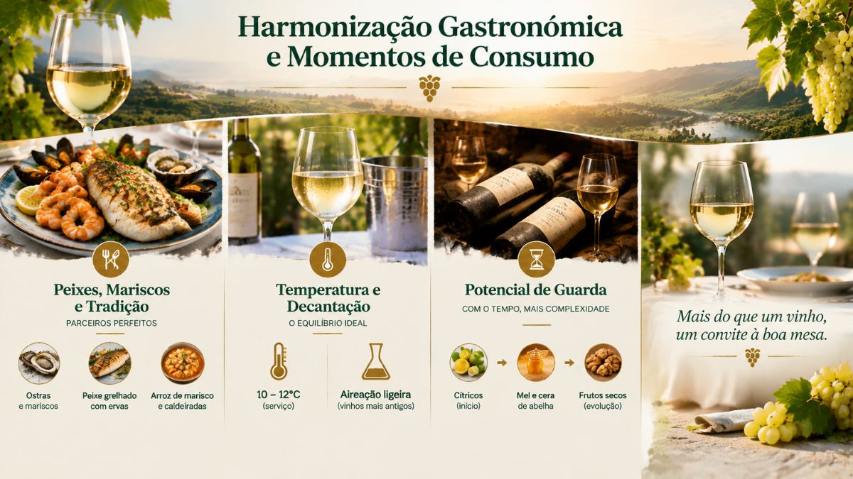 Infográfico sobre harmonização gastronómica do vinho de Bucelas com peixes, mariscos, temperatura de serviço e potencial de guarda.