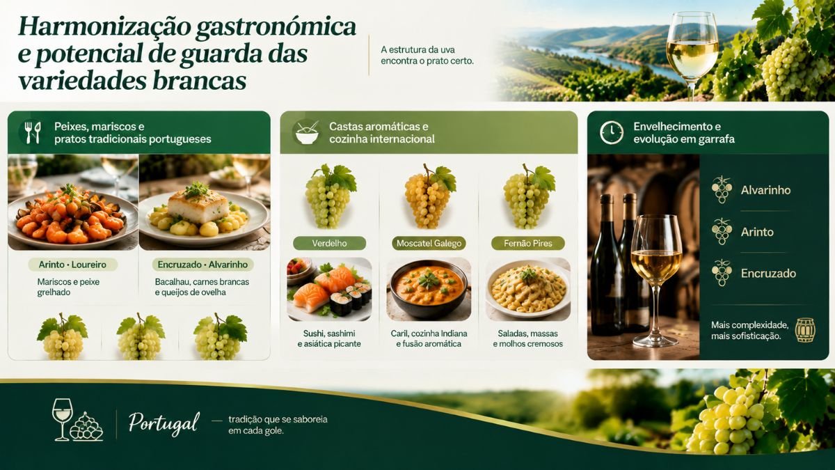 Infográfico sobre harmonização gastronómica de vinhos brancos portugueses e potencial de guarda das variedades autóctones.