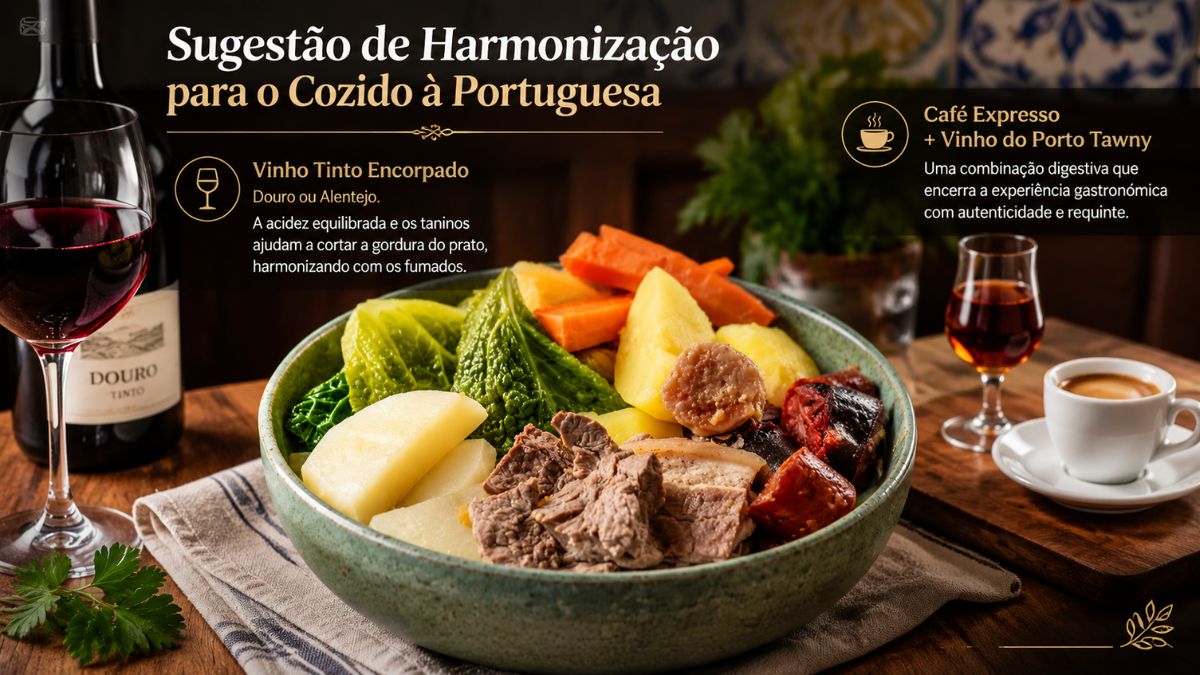 Infografia detalhada sobre harmonização de bebidas para Cozido à Portuguesa, com uma tigela central do prato, uma garrafa e copo de vinho tinto Douro à esquerda, e um copo de vinho do Porto Tawny com uma chávena de café expresso à direita, tudo sobre uma mesa de madeira.